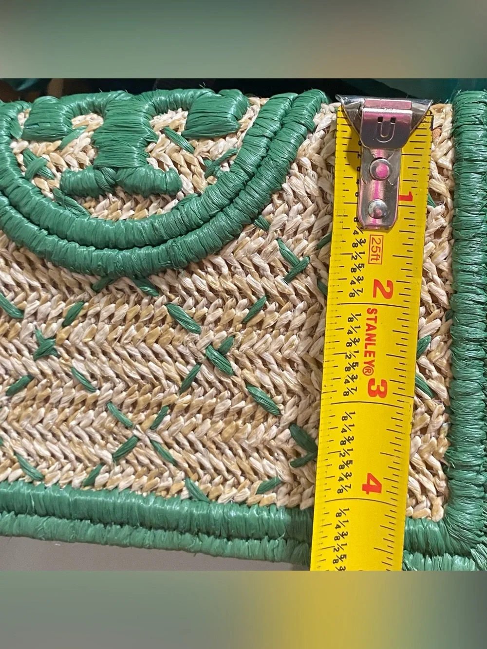 Tory Burch Straw Crossbody Bag with Green Trim and Gold Chain